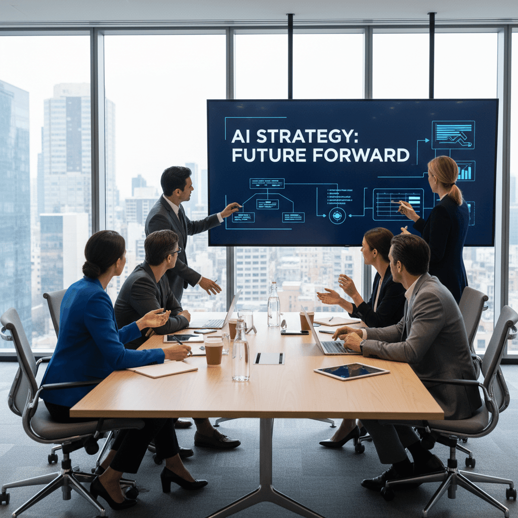 Enterprise team collaborating on AI strategy in modern office