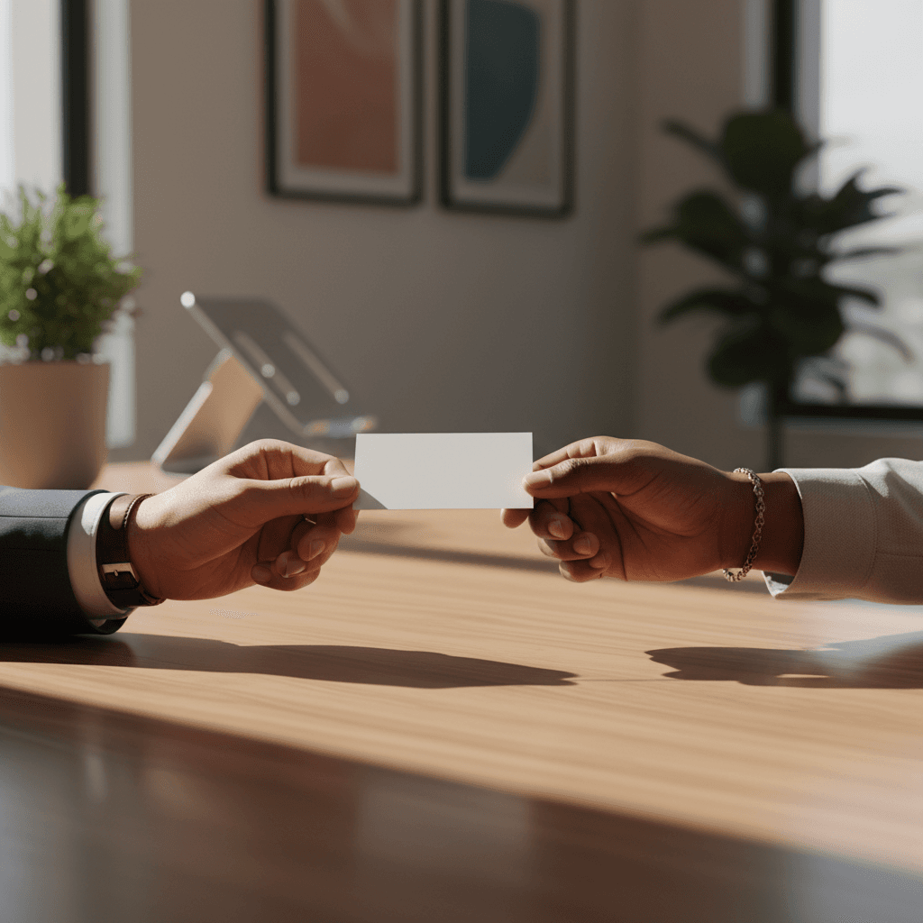 Close-up of professional handshake and business card exchange