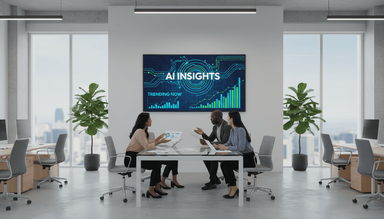 Team collaborating around a conference table with AI strategy display