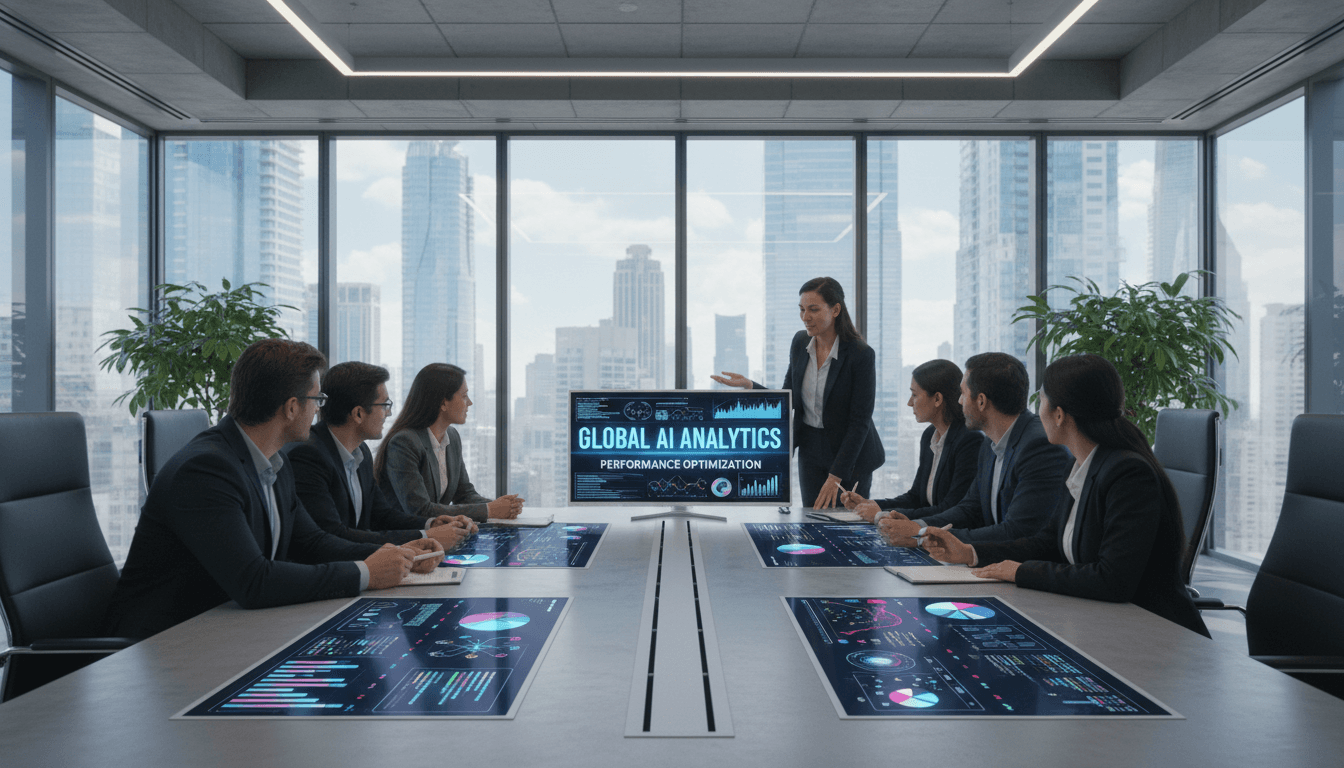 Enterprise team analyzing AI insights and performance metrics on digital displays