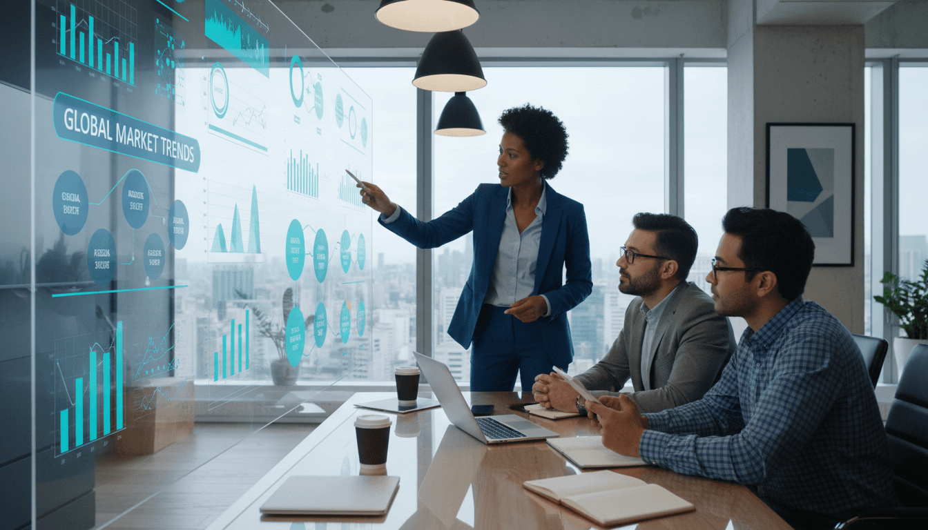 Business team reviewing AI readiness assessment data in modern conference room