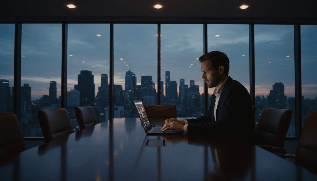 Executive reviewing AI intelligence systems in modern office overlooking city