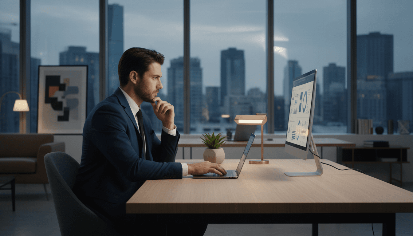 Founder of EPMAi at desk in modern office environment