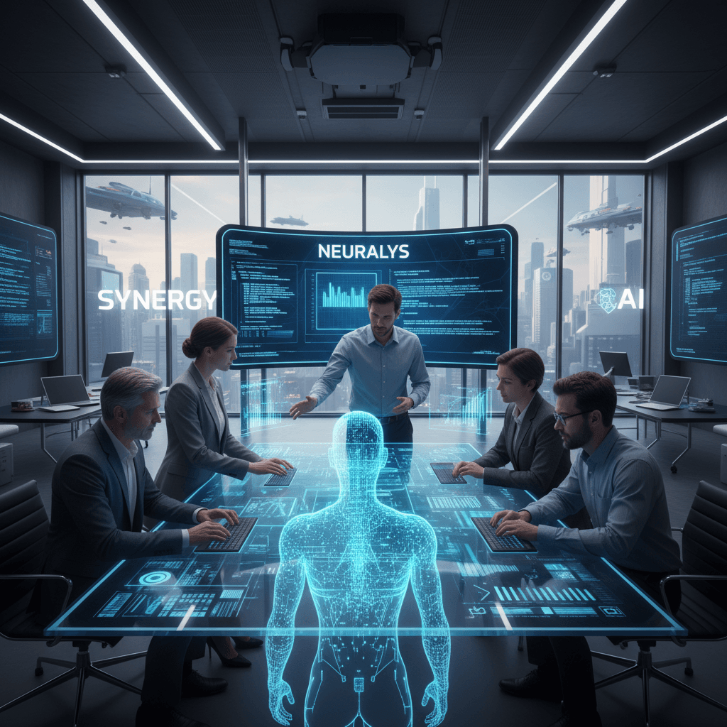 Team members working alongside digital AI colleagues in collaborative workspace