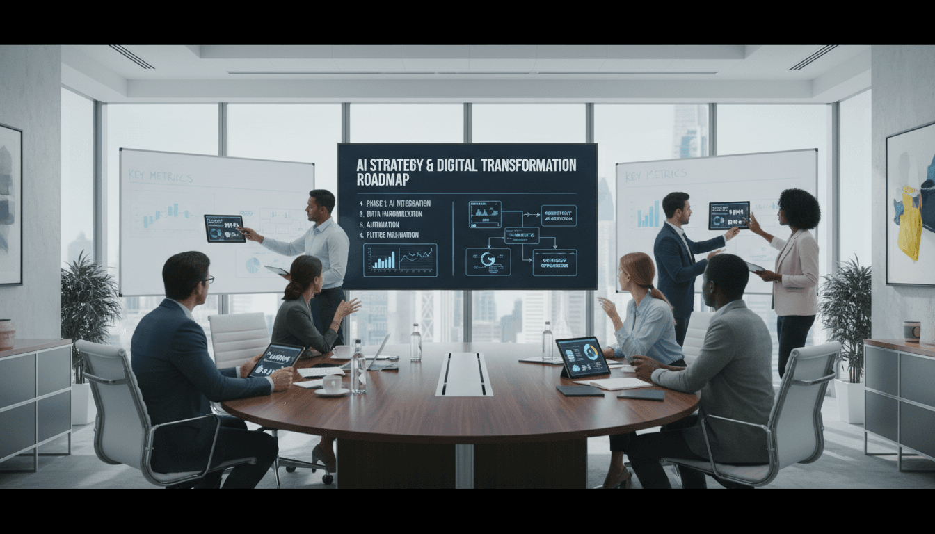 Enterprise team collaborating on AI strategy in modern office