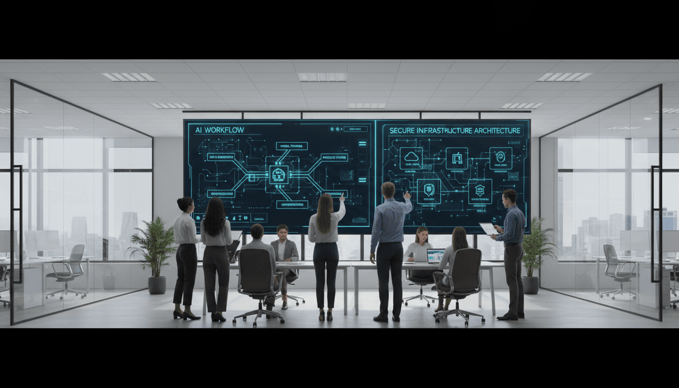 Enterprise team reviewing AI infrastructure architecture on digital displays