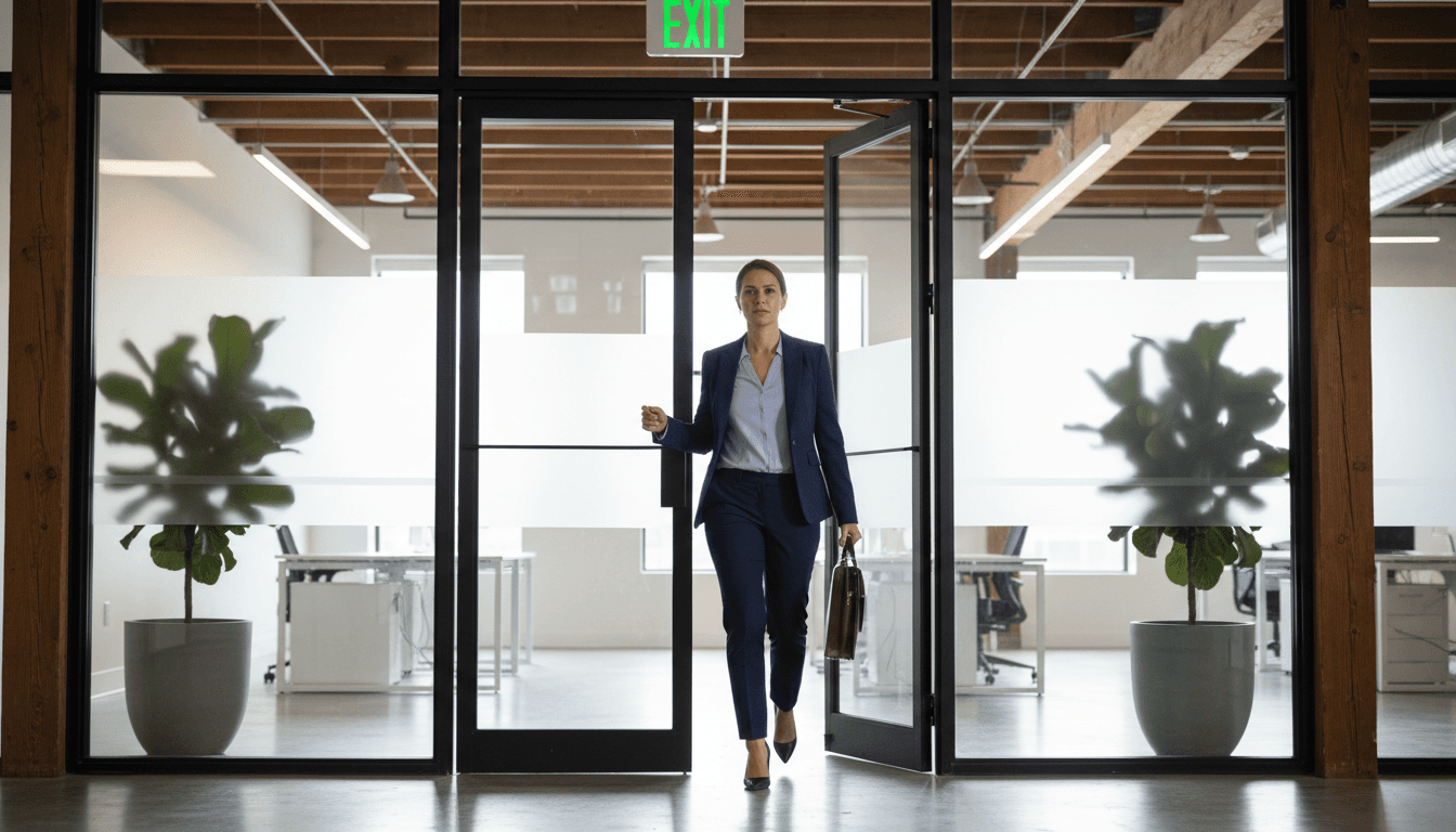 Business professional walking toward an exit in a modern office