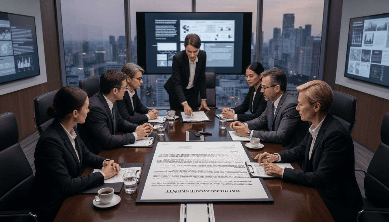 Executives reviewing contract documents in a boardroom