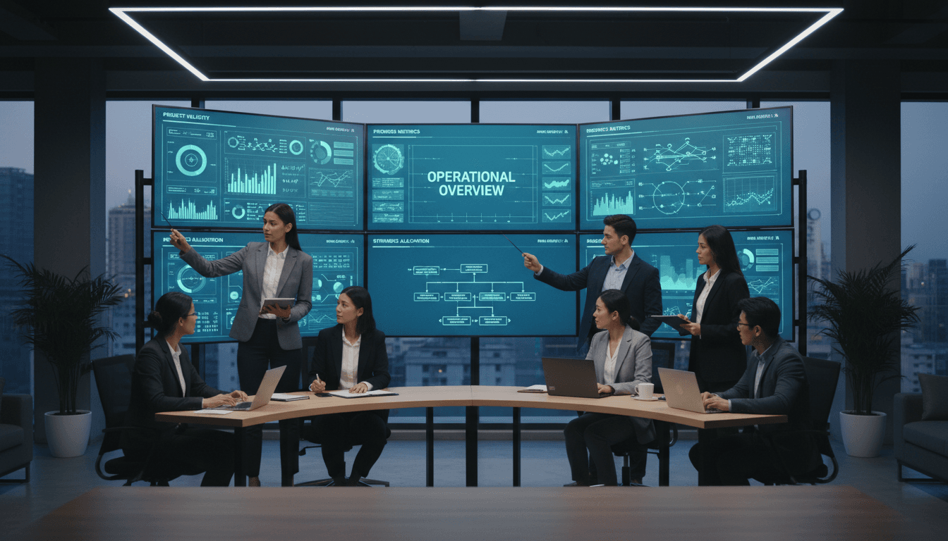 Team collaborating on AI implementation strategy with visible workflow systems and governance frameworks
