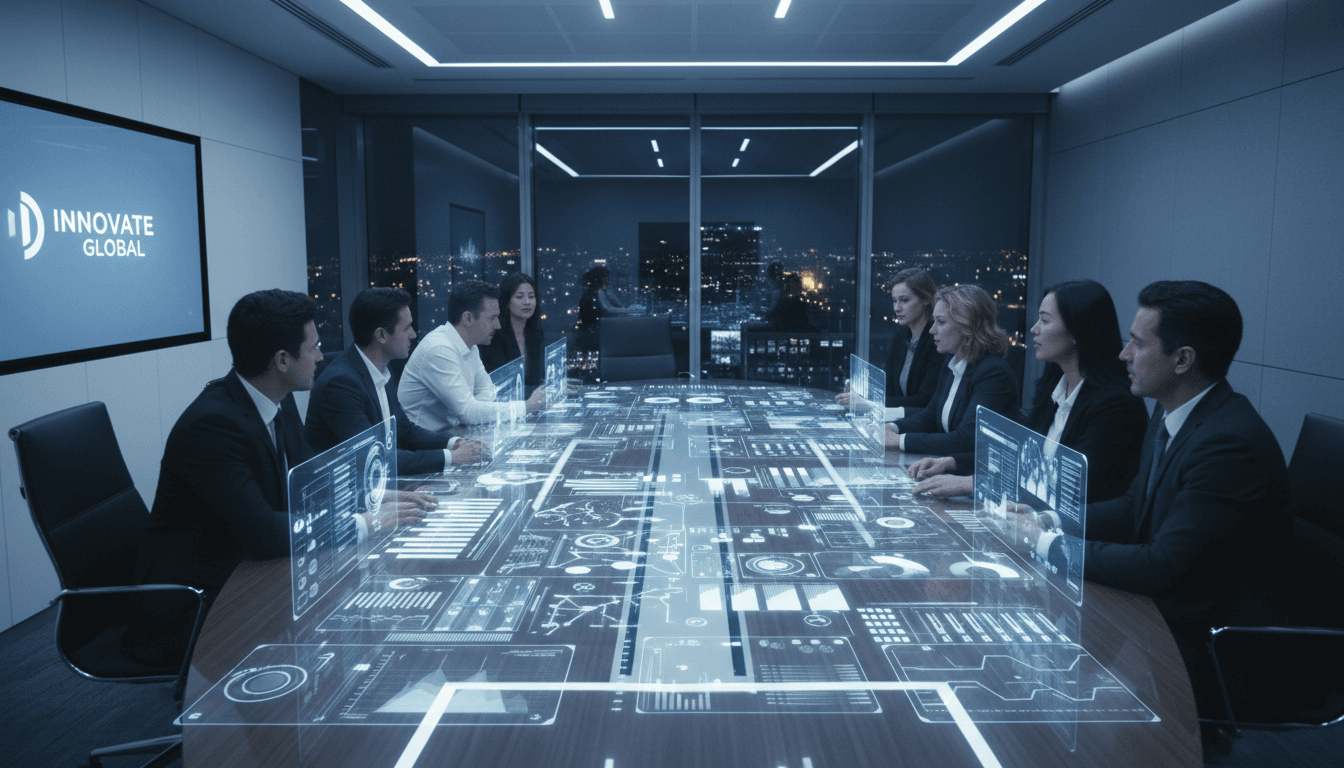 Professional team in modern boardroom collaborating on enterprise AI strategy with digital interface visualization