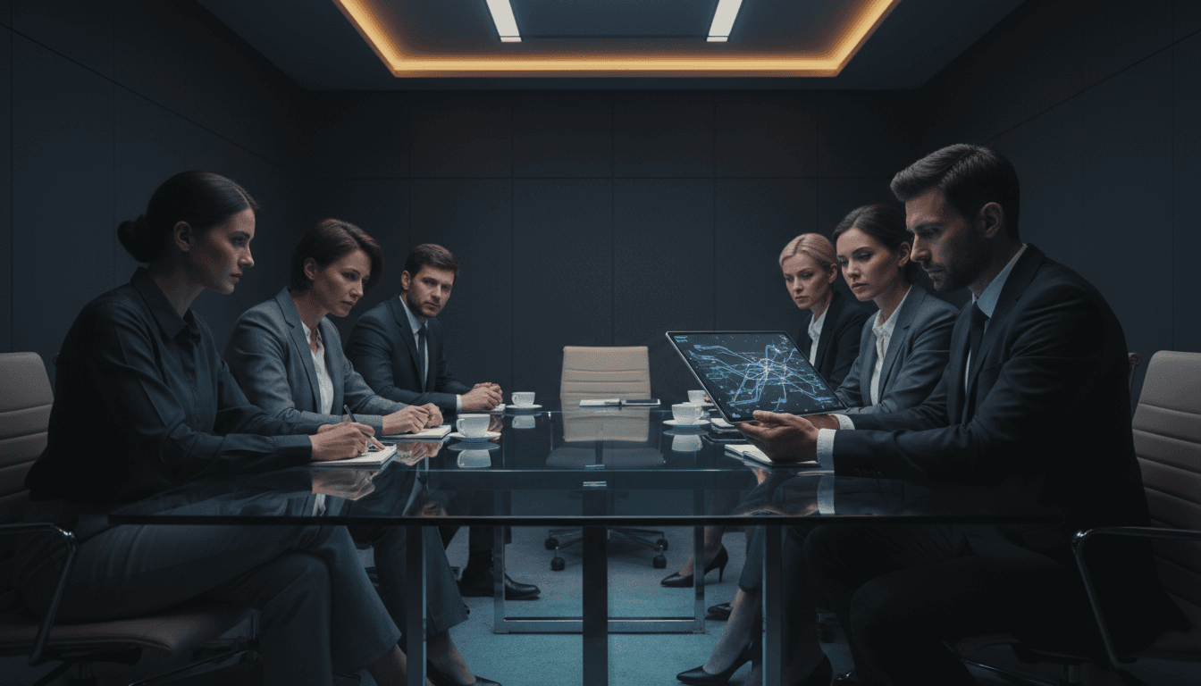 Executive team reviewing secure AI infrastructure in modern conference room