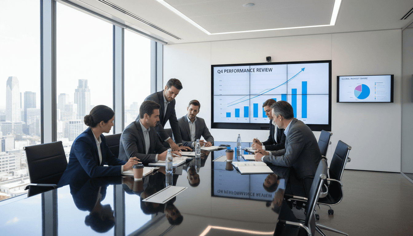 Executive team reviewing documents in a modern boardroom