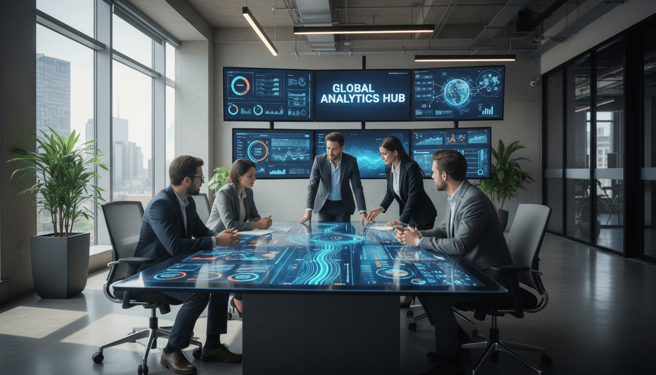 Professional team working together at modern office workspace with AI integration displays