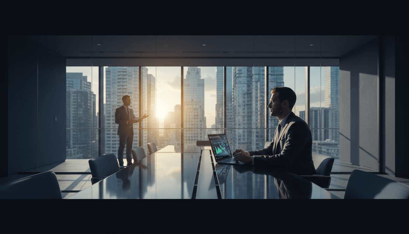Executive reviewing AI analytics in a modern conference room with city views