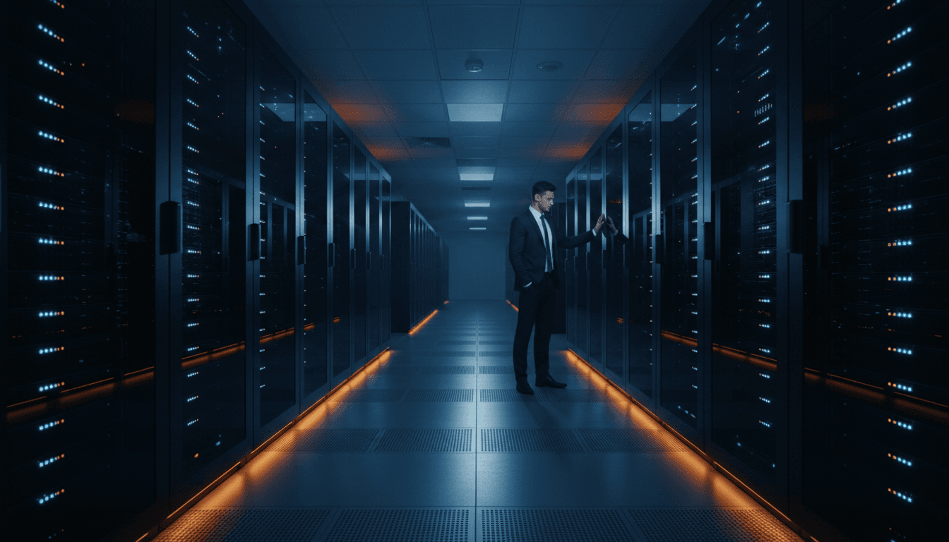 Secure data center with glowing server equipment and technician managing infrastructure