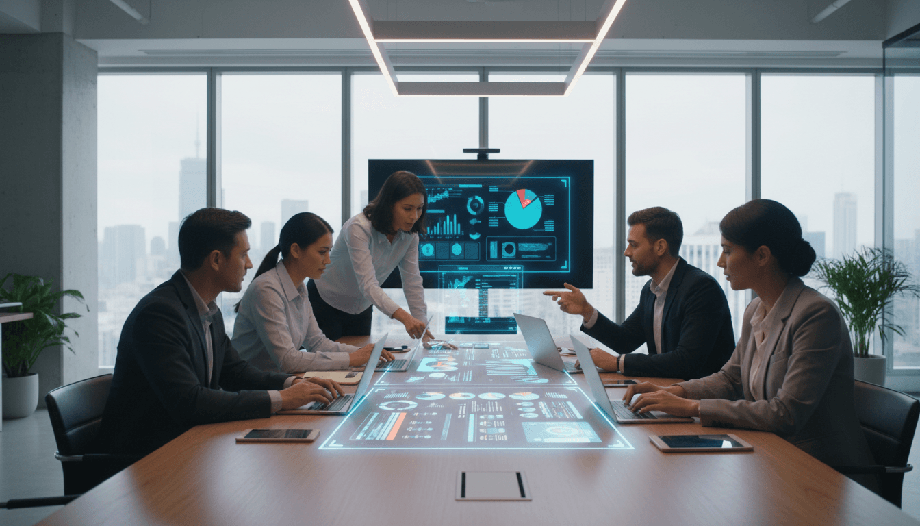 Team working together with AI technology integration in modern office environment