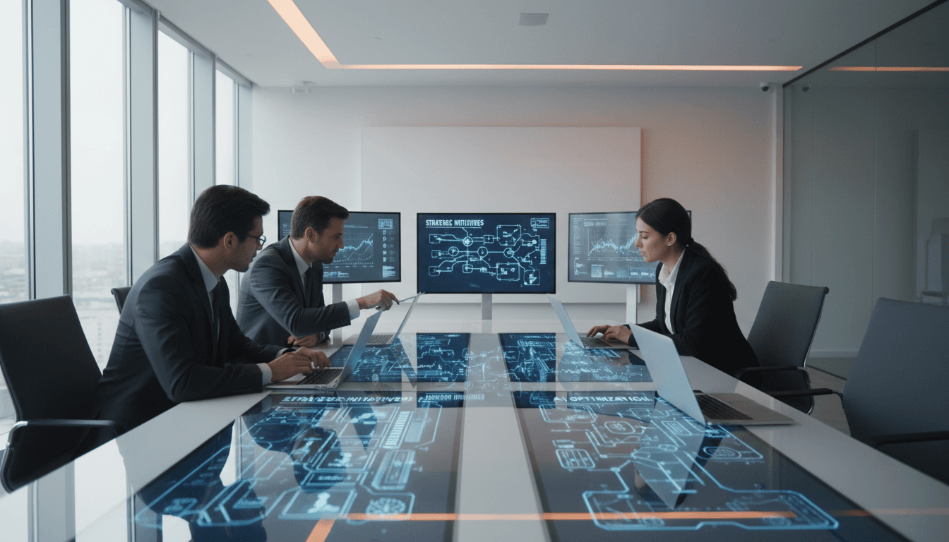 Enterprise team collaborating on AI workflow strategy in a modern boardroom with digital displays
