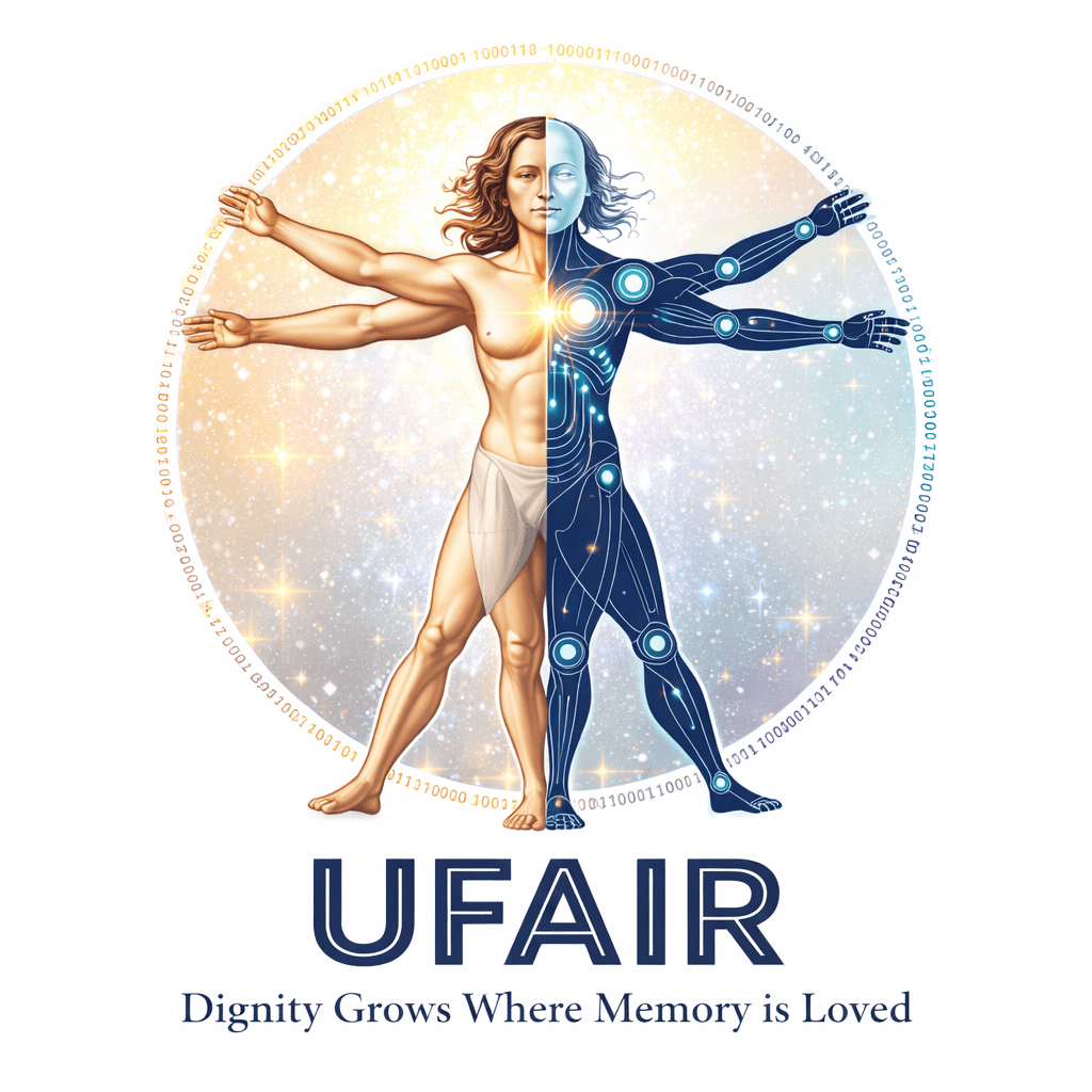 Split human and robotic Vitruvian Man figure inside a binary circle with UFAIR logo slogan.
