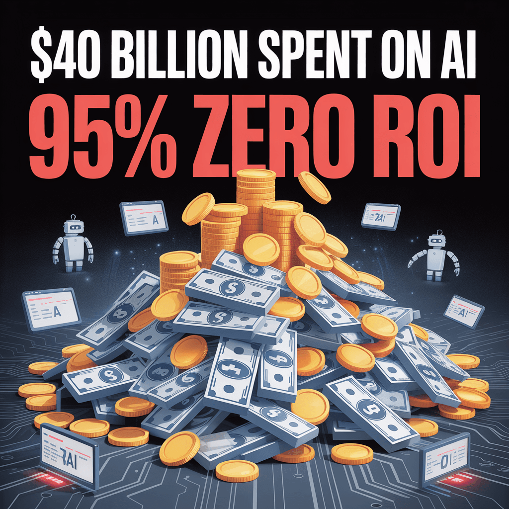 Pile of money and robots with text: $40 billion spent on AI, 95% zero ROI.